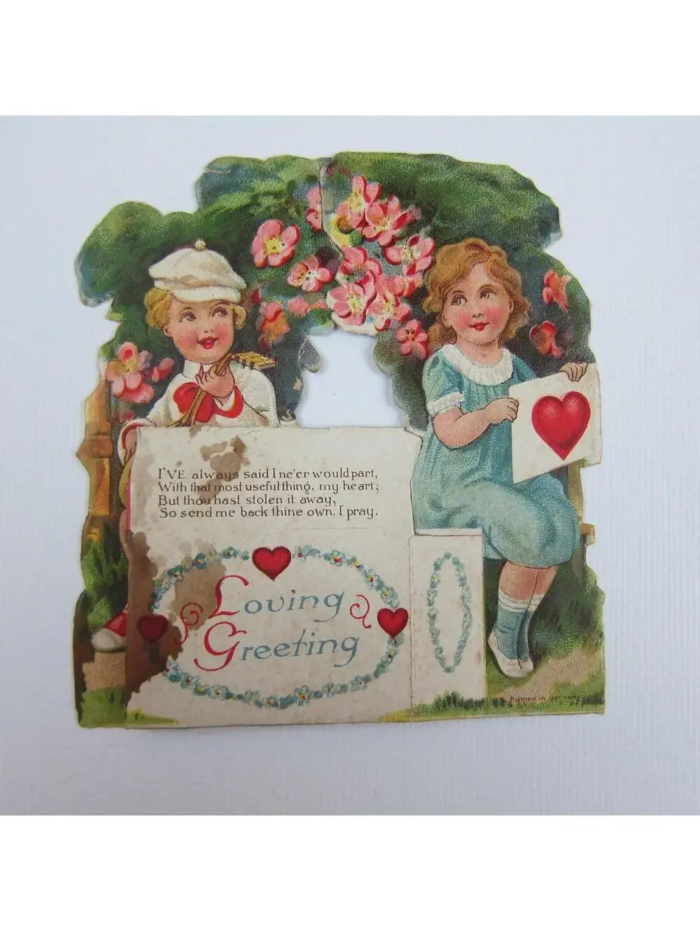 Vintage Valentine Blonde Boy Plays Gold Mandolin Girl Blue Dress Pink Flowers